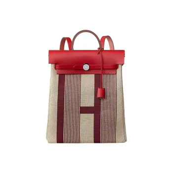 HERMES Herbag Zip Canvas With Leather Handbag Backpack Unisex Bordeaux Red/Light Taupe/Chili Red/Beige