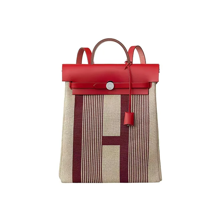 HERMES Herbag Zip Canvas With Leather Handbag Backpack Unisex Bordeaux Red/Light Taupe/Chili Red/Beige-0