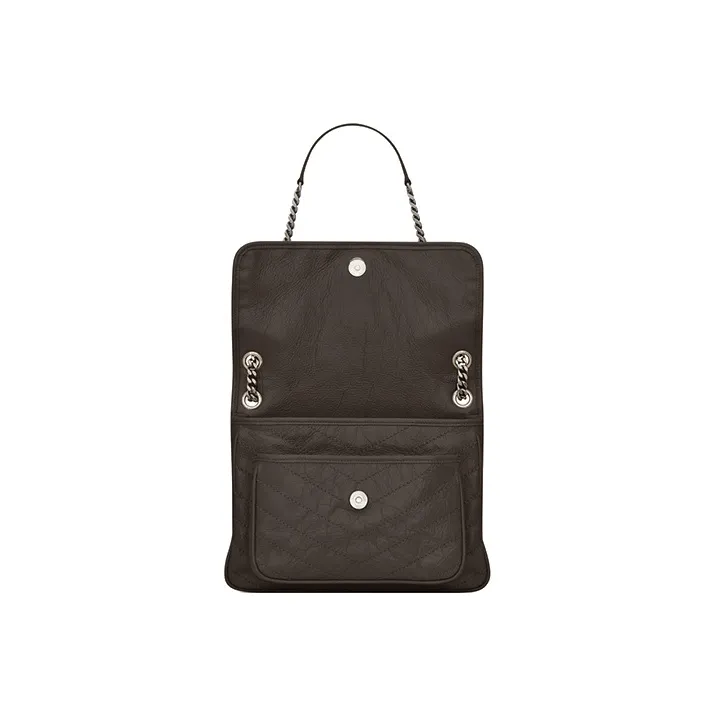 SAINT LAURENT Niki Leather Hobo Bag Shoulder Bag Crossbody Bag Medium Size Women's Gravel Gray With Khaki Accents-3