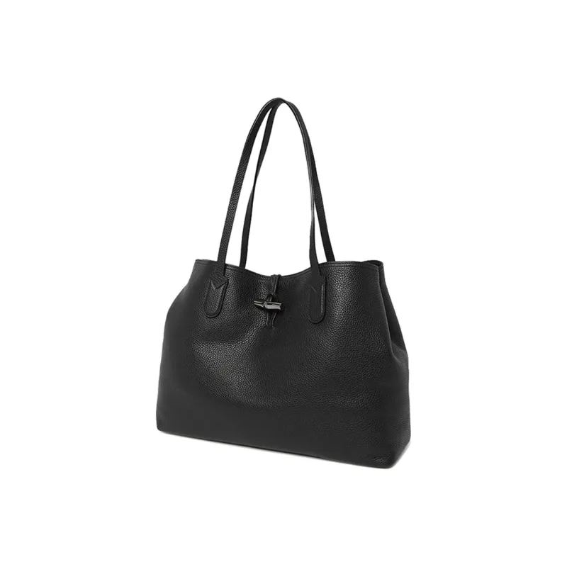 LONGCHAMP Roseau Pebbled Cow Leather Tote Bag Shopping Bag Shoulder Bags Large Size Women's Black-1