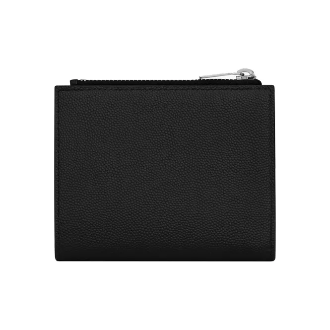 SAINT LAURENT Grain Embossed Leather Zip Closure Foldable Card Holder, Wallet Unisex Black-1