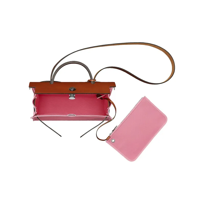 HERMES Herbag Zip Canvas Cowhide Crossbody Bag Women's Pink-2