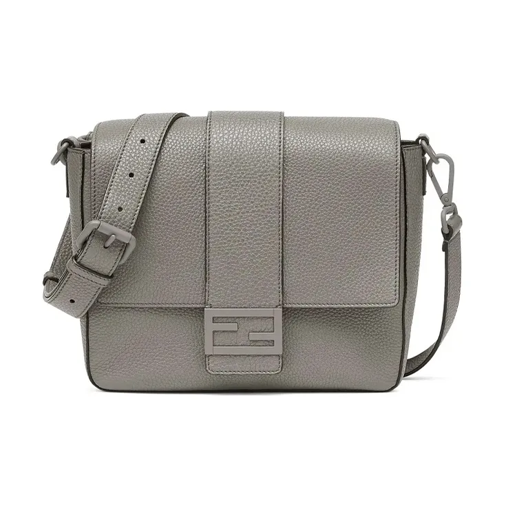 FENDI Baguette Calfskin Baguette Bag Messenger Bag Shoulder Bag Crossbody Bag Medium Size Men's Gray-0