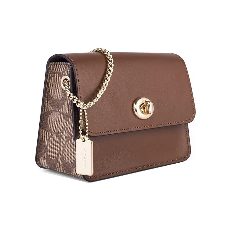 COACH Bowery Canvas With Leather Small Square Bag, Chain Bag, Shoulder Bag, Crossbody Bag Small Size Women's Brown-1