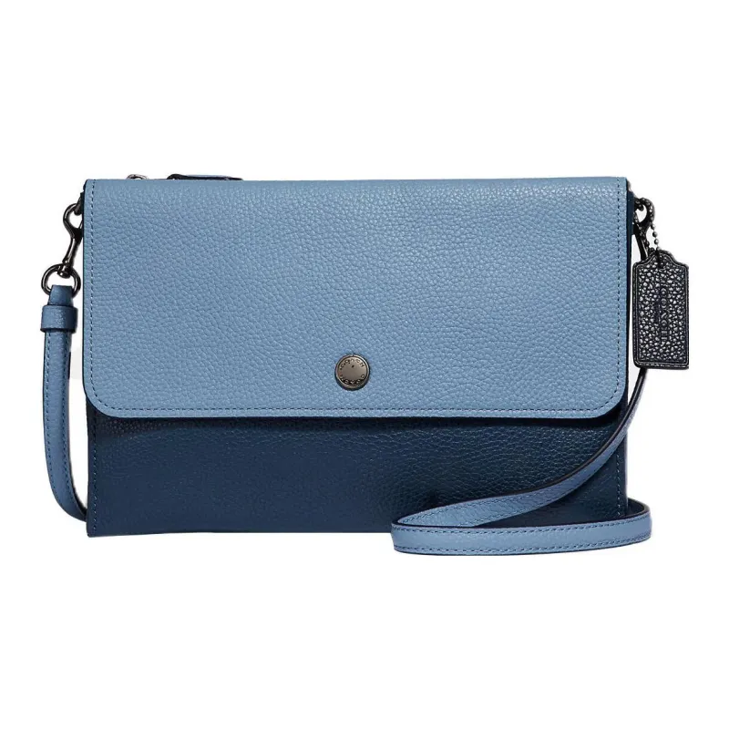 COACH Triple Polished Pebbled Leather Shoulder Bag Crossbody Bag Women's Light Blue With Dark Blue Accents-0