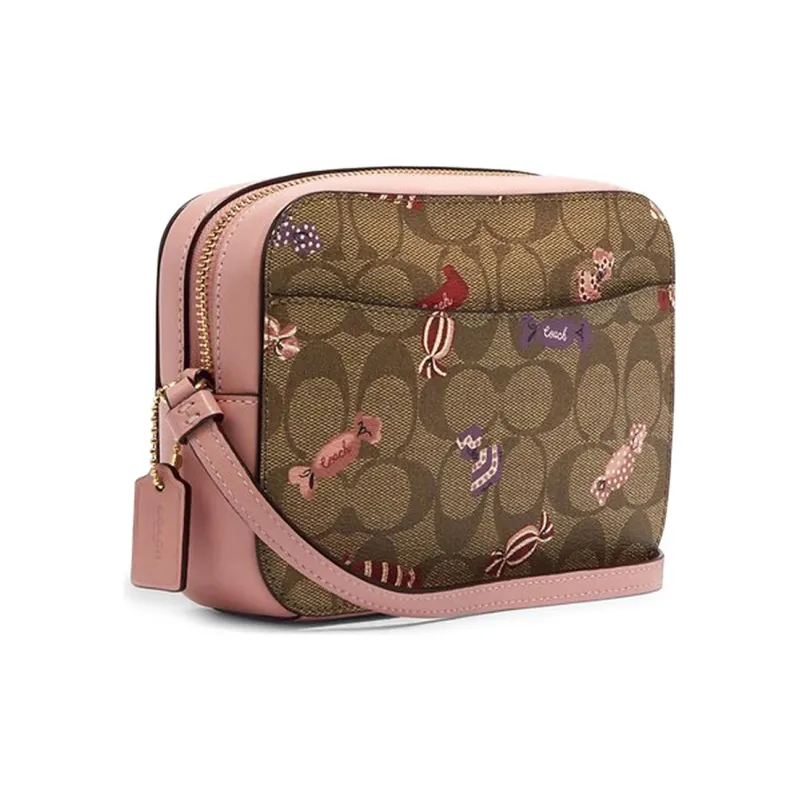COACH Camera Canvas Camera Bag, Shoulder Bag Mini Women's Khaki & Pink-1