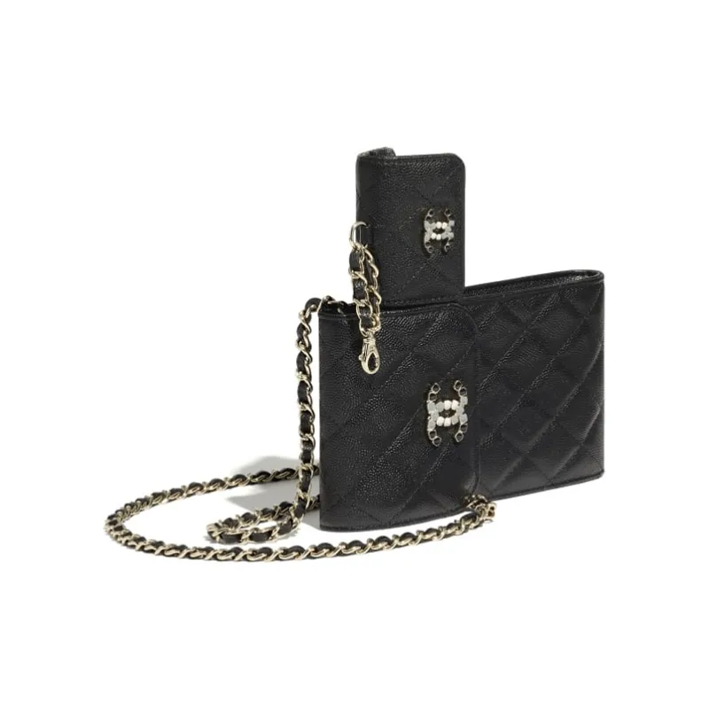 CHANEL Grain Embossed Caviar Calfskin And Metal Combo Bag, Shoulder Bag, Crossbody Bag, Cell Phone Pouch Women's Black-3