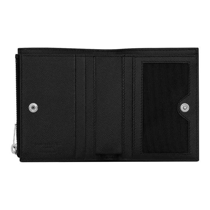 SAINT LAURENT Grain Embossed Leather Zip Closure Foldable Card Holder, Wallet Unisex Black-3
