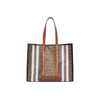 Burberry Monogram Canvas With Calfskin Tote Bag Shopping Bag Shoulder Bag Handbag Small Size Women's Brown