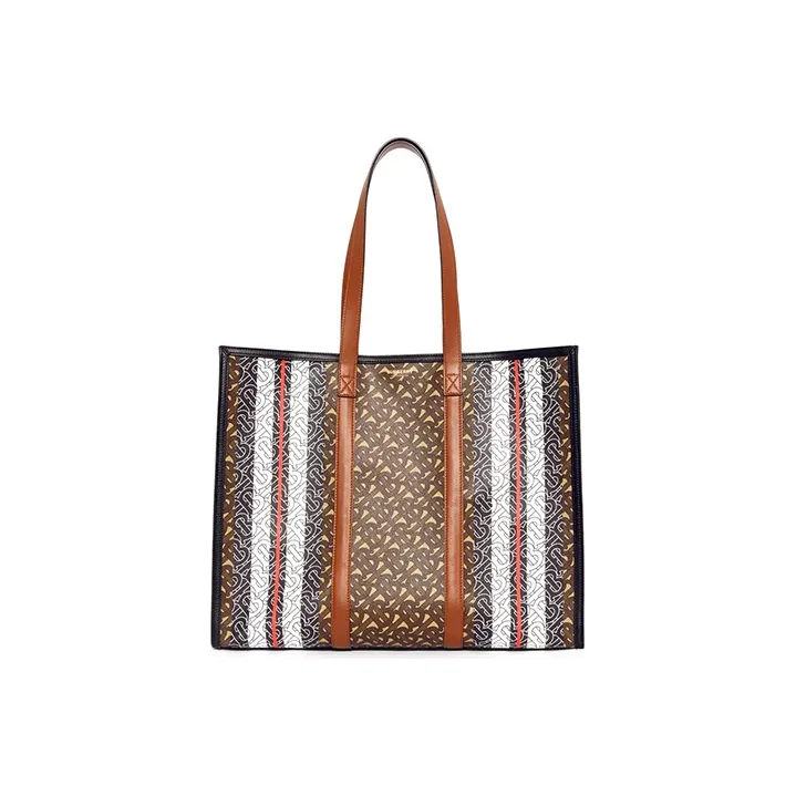 Burberry Monogram Canvas With Calfskin Tote Bag, Shopping Bag, Shoulder Bag, Handbag Trumpets Women's Brown-0