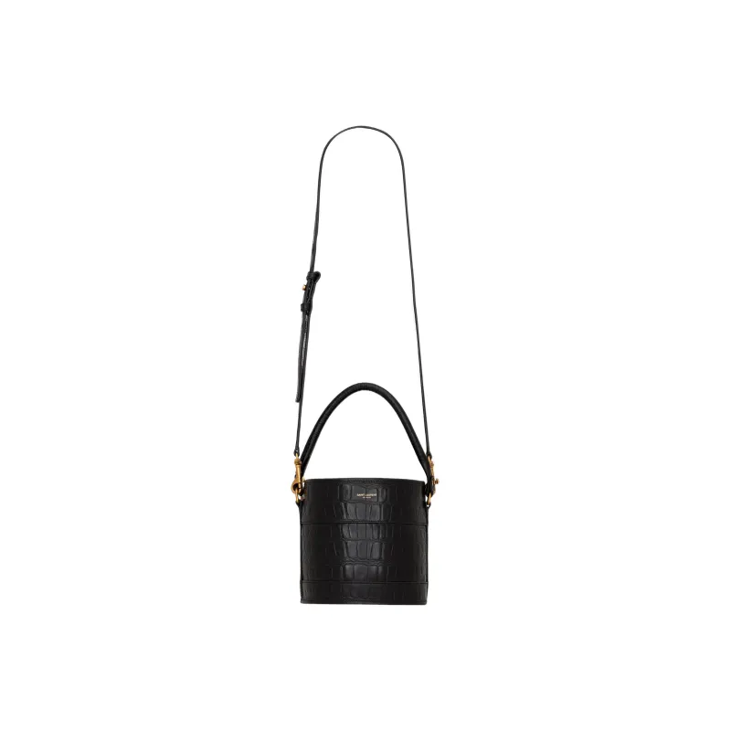 SAINT LAURENT Crocodile Pattern Patent Leather Bucket Bag Handbag Crossbody Bag Shoulder Bag Small Size Women's Black-1