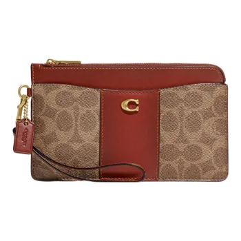 COACH L-Zip Canvas With Leather Wrist Bag Coin Purse Women's Brown