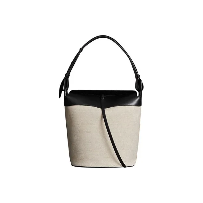 Burberry Cotton-Linen Blend With Leather Bucket Bags Shoulder Bag Crossbody Bag Handbag Women's Black/Beige-0