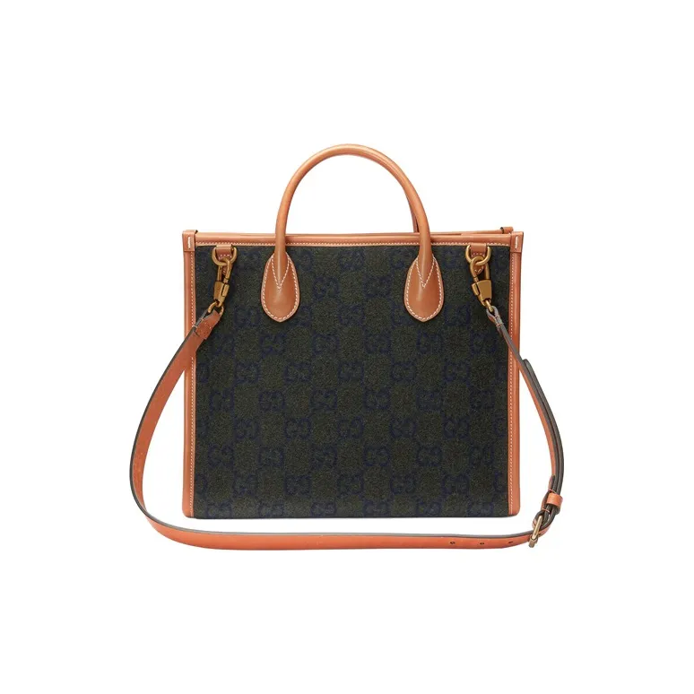GUCCI Wool Patchwork Leather Tote Bag Shopping Bag Shoulder Bag Crossbody Bag Handbag Unisex Brown-1