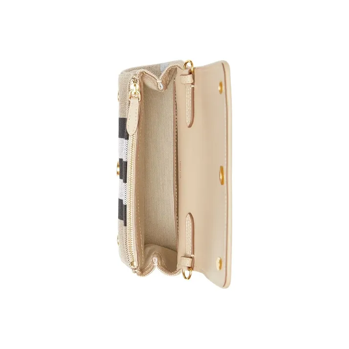 Burberry Note Cotton Patchwork Leather Shoulder Bag Crossbody Bag Small Size Women's Light Brown-3