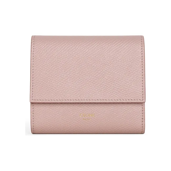 CELINE Essentials Series Grained Cow Leather Trifold Wallet Small Size Women's Vintage Pink Red-0