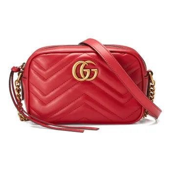 GUCCI GG Marmont Herringbone Leather Shoulder Bag, Crossbody Bag Mini Women's Red