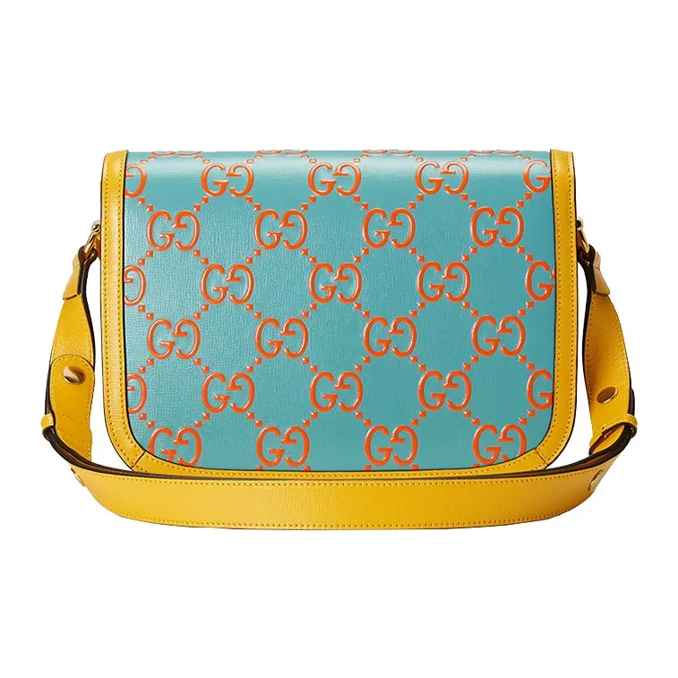GUCCI Horsebit 1955 Leather Saddle Bag Shoulder Bag Crossbody Bag Handbag Regular Women's Sky Blue Multicolor Yellow-3