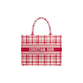 DIOR BookTote Embroidery Tote Bag Shopping Bag Handbag Small Size Women's Red Overlapped Plate