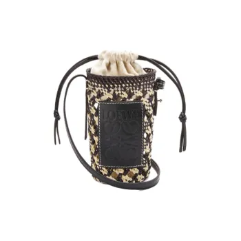 LOEWE Cylinder Pocket Embossed Cow Leather Patch Woven Straw Bag Vacation Bag Shoulder Bag Crossbody Bag Women's Black