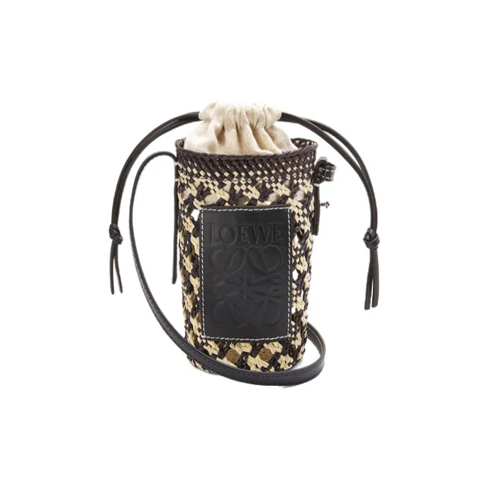 LOEWE Cylinder Pocket Embossed Cow Leather Patch Woven Straw Bag Vacation Bag Shoulder Bag Crossbody Bag Women's Black-0