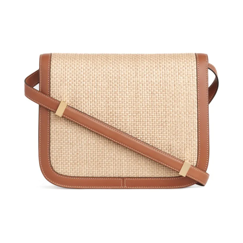 CELINE Classic Bo Fabric Woven With Cow Leather Crossbody Bag Shoulder Bag Medium Size Women's Brown-2