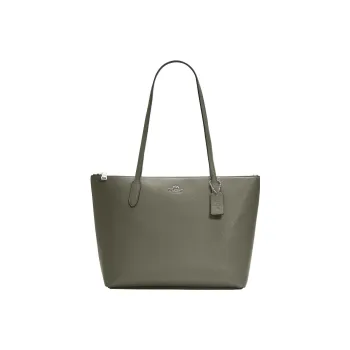 COACH Zip Top Tote Pebbled Leather Tote Bag, Shopping Bag, Handbag, Shoulder Bag Women's Army Green