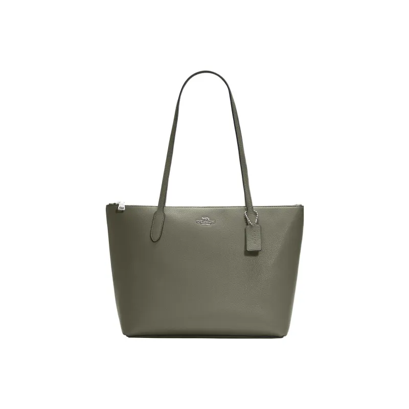 COACH Zip Top Tote Pebbled Leather Tote Bag, Shopping Bag, Handbag, Shoulder Bag Women's Army Green-0