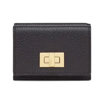 FENDI Litchi Grain Leather Cow Leather Sheepskin Tri-Fold Cropped Wallet Card Holder With Money Clip Women's Black