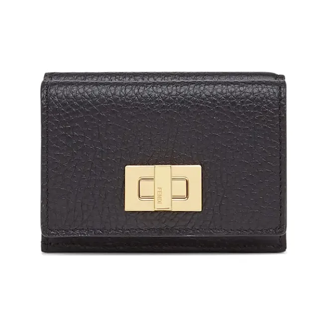 FENDI Litchi Grain Leather Cow Leather Sheepskin Tri-Fold Cropped Wallet Card Holder With Money Clip Women's Black-0