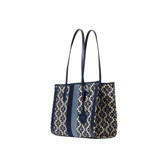 Kate Spade Market Fabric With Leather Tote Bag, Shopping Bag, Shoulder Bag, Handbag Medium Size Women's Blue White-1