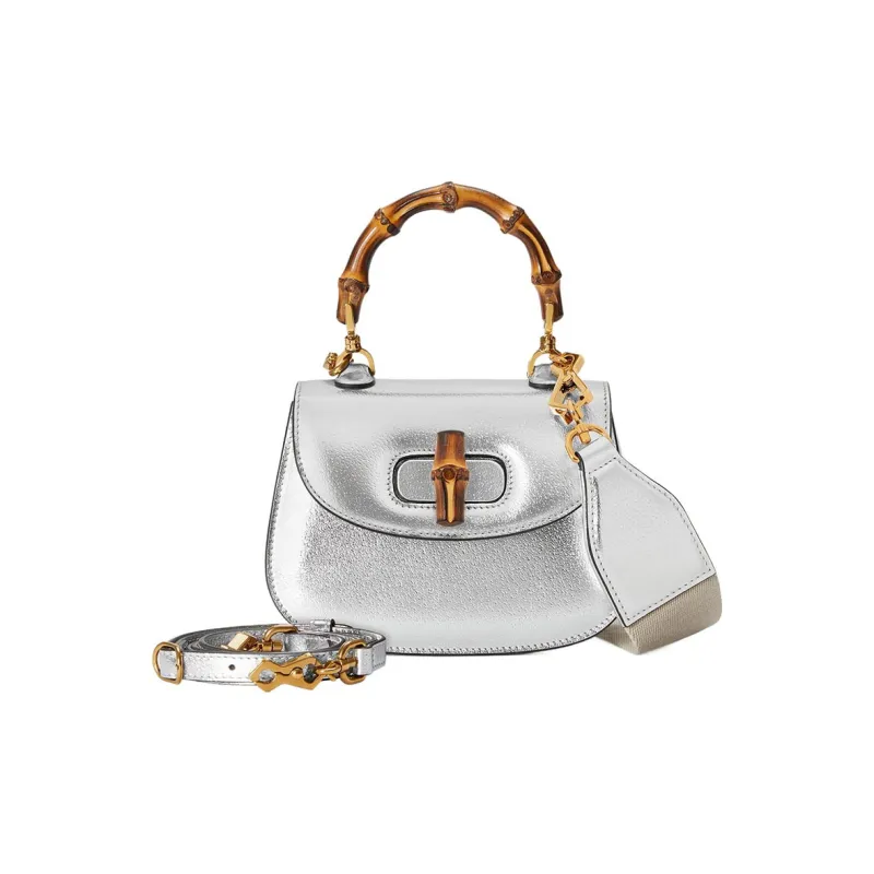 GUCCI Bamboo 1947 Leather Bamboo Bag Handbags Shoulder Bags Mini Women's Silver-2