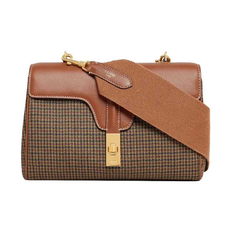 CELINE 16 Plaid Velvet Fabric With Calfskin Shoulder Bag Crossbody Bag Women's Beige/Tan-0