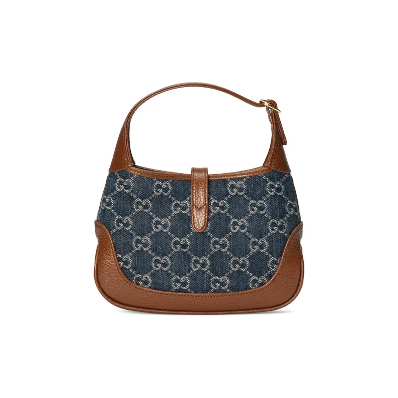 GUCCI Jackie 1961 Canvas With Leather Trim Canvas Bag Crescent Shoulder Bag Shoulder Bag Women's Gray Blue Multicolor-4