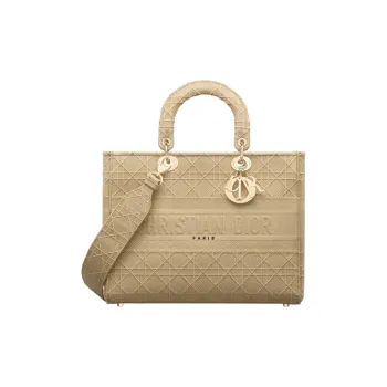 DIOR Lady D-Lite Cotton Handbag Shoulder Bag Crossbody Bag Large Size Women's Beige