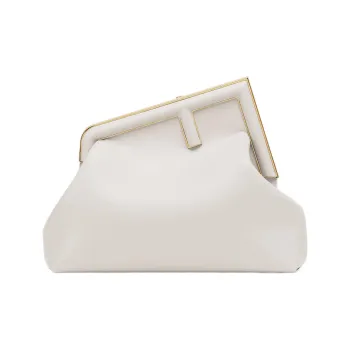 FENDI Fendi First Leather Clutches Shoulder Bag Crossbody Bag Medium Size Women's Light Gray White