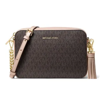 MICHAEL KORS Jet Set Patched Split Cow Leather Camera Bag, Shoulder Bag, Crossbody Bag Medium Size Women's Nude & Brown
