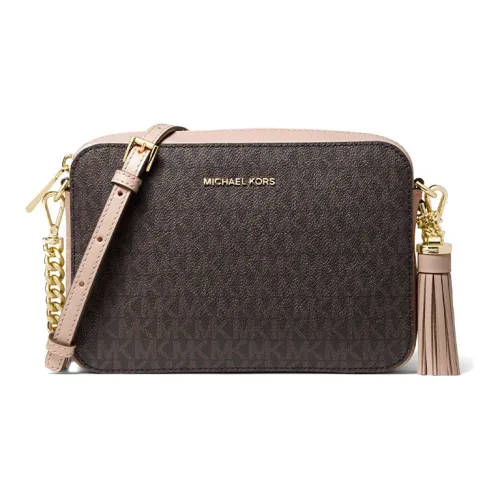 MICHAEL KORS Jet Set Patched Split Cow Leather Camera Bag, Shoulder Bag, Crossbody Bag Medium Size Women's Nude & Brown