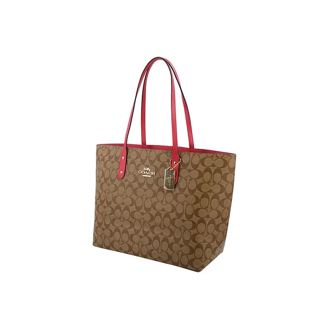 COACH Town PVC Tote Bag, Shopping Bag, Handbag, Shoulder Bag Women's Light Brown & Red Edge-1