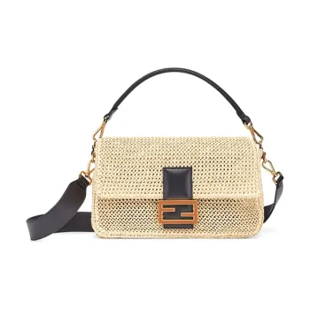 FENDI Baguette Woven Straw With Leather Baguette Bag, Shoulder Bag, Crossbody Bag, Handbag Large Size Women's Beige