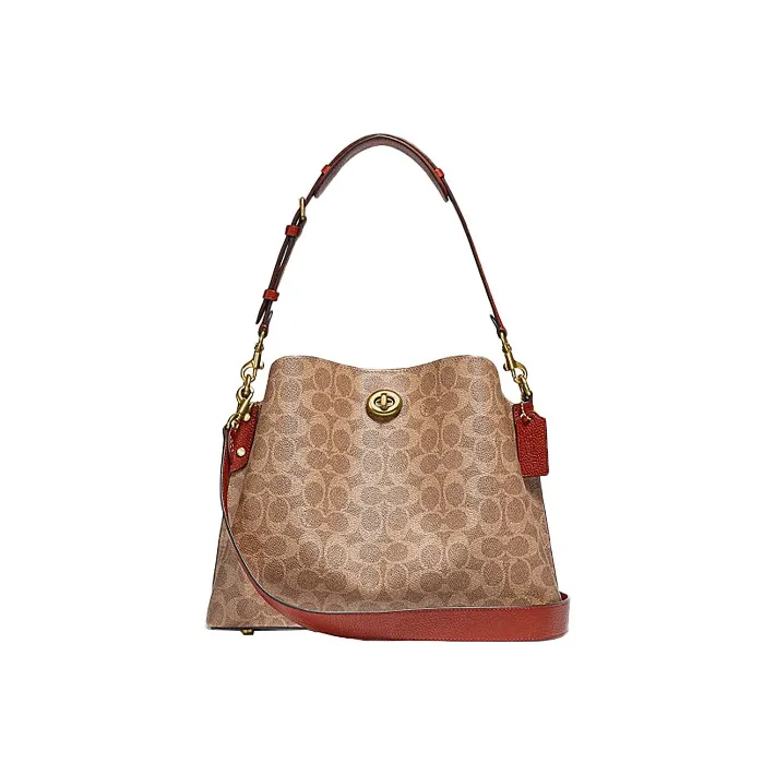 COACH Willow Canvas With Leather Tote Bag, Shopping Bag, Shoulder Bag, Crossbody Bag Tubas Women's Brown Yellow/Rusty-0