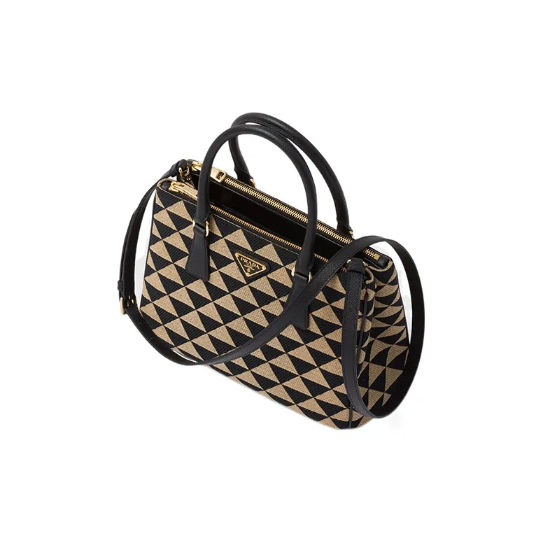PRADA Galleria Killer Bag Embroidered Fabric Tote Bag Shopping Bag Small Size Women's Black/Beige Yellow-1