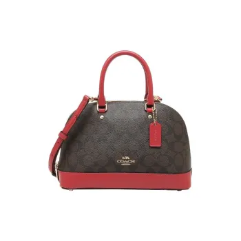 COACH Sierra Monogram Canvas With Leather Dome Bag, Handbag, Shoulder Bag, Crossbody Bag Tubas Women's Dark Brown & Red
