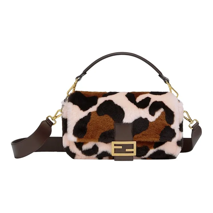 FENDI Baguette Sheepskin Cow Leather Patchwork Shoulder Bag Crossbody Bag Handbag Medium Size Women's Brown/Light Pink-0