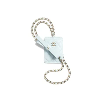 CHANEL 21K Winter Sheepskin Bowknot Necklace Pouch Card Holder Bag Women's Babybule Light Blue