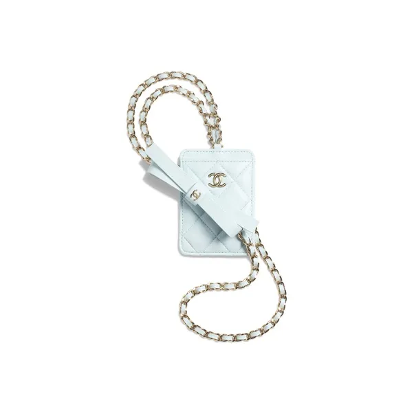 CHANEL 21K Winter Sheepskin Bowknot Necklace Pouch Card Holder Bag Women's Babybule Light Blue-0