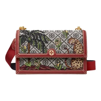 TORY BURCH T Monogram Embroidery Box Bag Crossbody Bag Shoulder Bag Women's Hazelnut Brown & Red