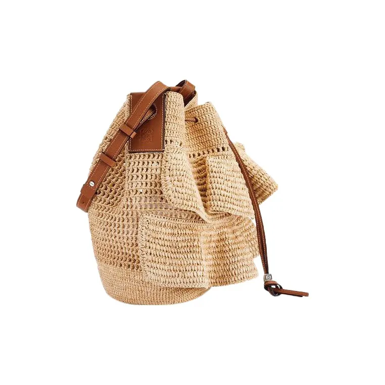 LOEWE Balloon Raffia Fiber Combined With Cow Leather Pleated Portable Crossbody Bag Shoulder Bag Women's Brown-2