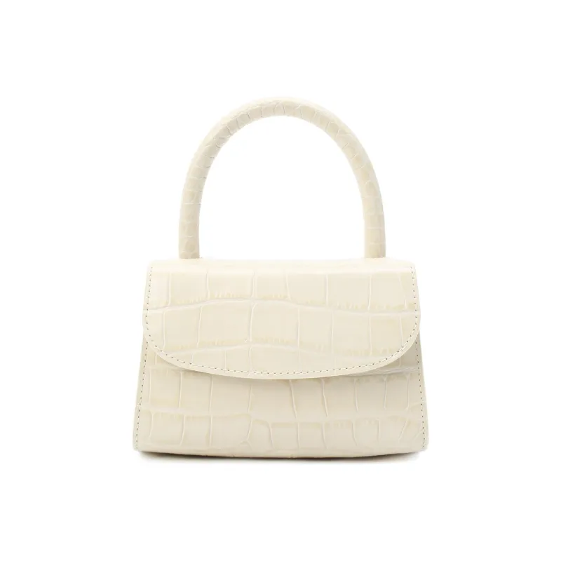 By Far Croco Cow Leather Small Square Bag, Portable Crossbody Bag, Shoulder Bag Mini Women's Cream White-4