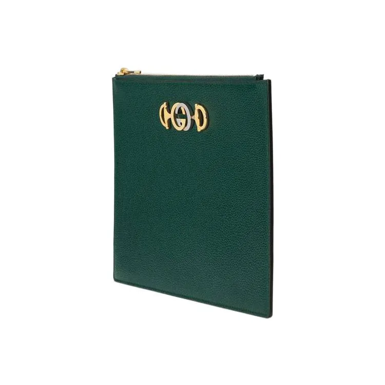 GUCCI Zumi Grained Leather Clutch Women's Dark Green-2